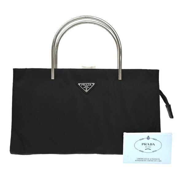 PRADA MILANO Logo Tessuto Hand Bag Nylon Black Silver Italy 80KA730 - Picture 1 of 16